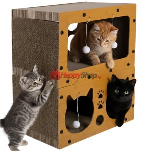 Драскалка за котки двуетажна къща легло с играчки неплъзгащо..